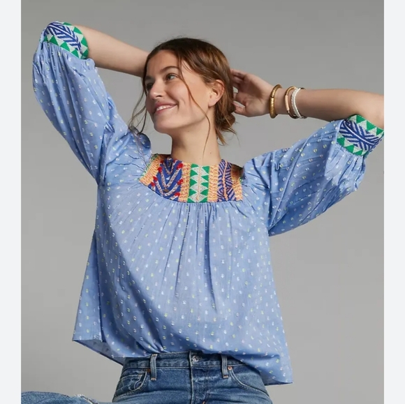 Anthro Verb by Pallavi Embroidered Swiss Dot Boho Blue Top - Picture 4 of 13